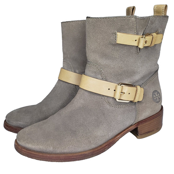 Tory Burch Shoes - TORY BURCH Bennie Moto Engineer BootsTaupe Leather Double Buckle Ankle Size 7.5M